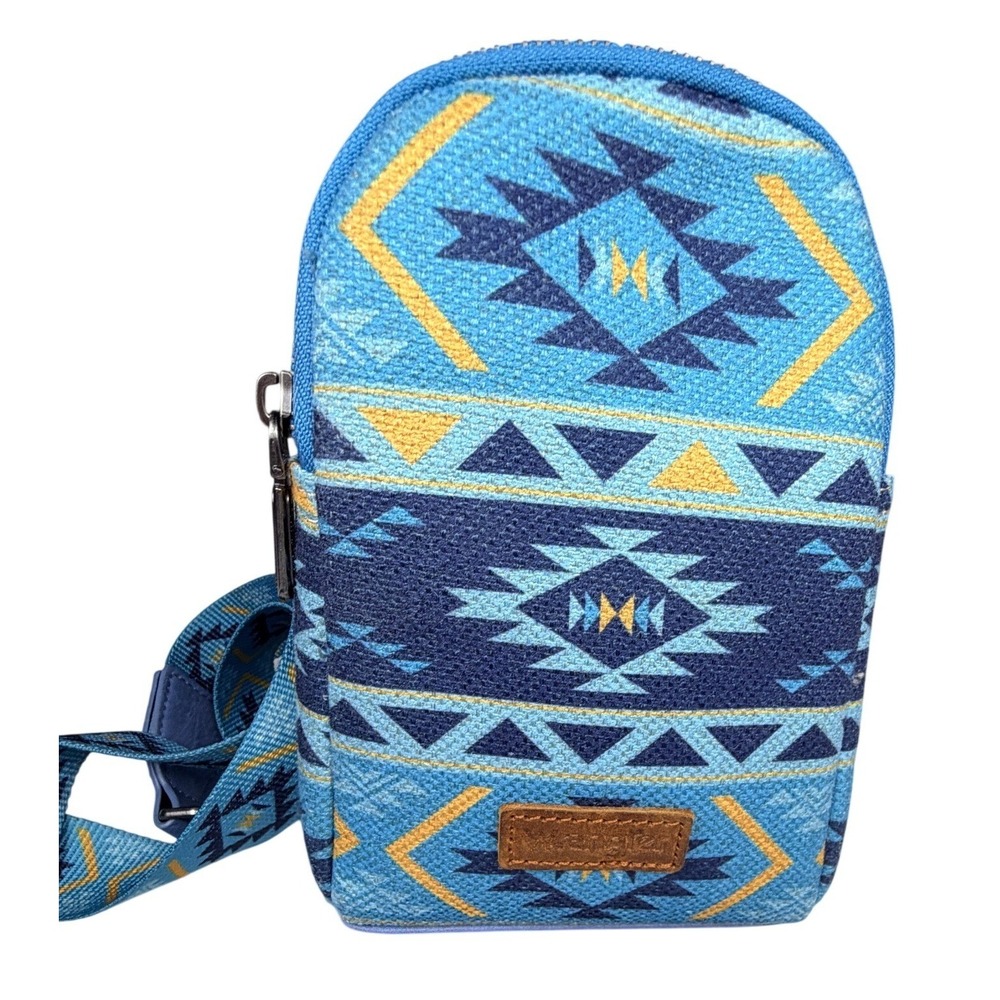 Wrangler Blue Aztec Print Crossbody Sling Bag Southwestern Guitar Strap Purse